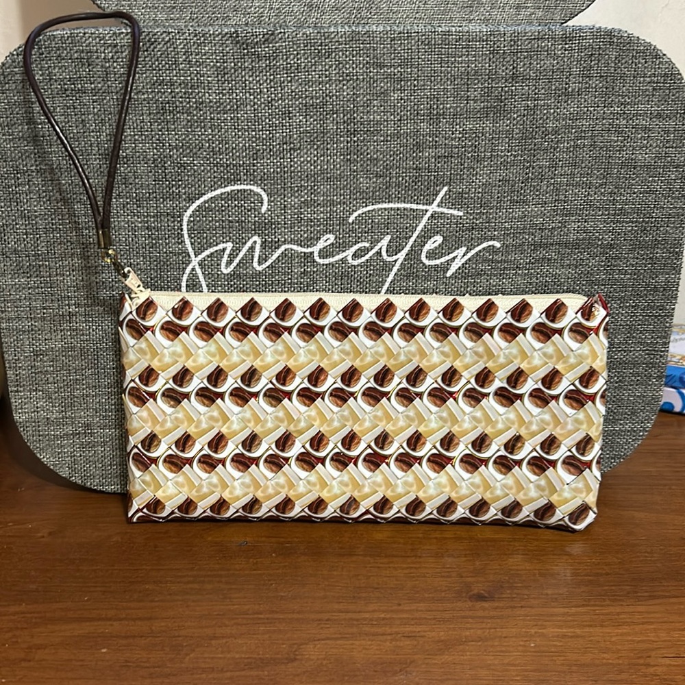 Upcycled Repurpose Handwoven Coffee Bean Wrapper Wristlet Clutch Purse.